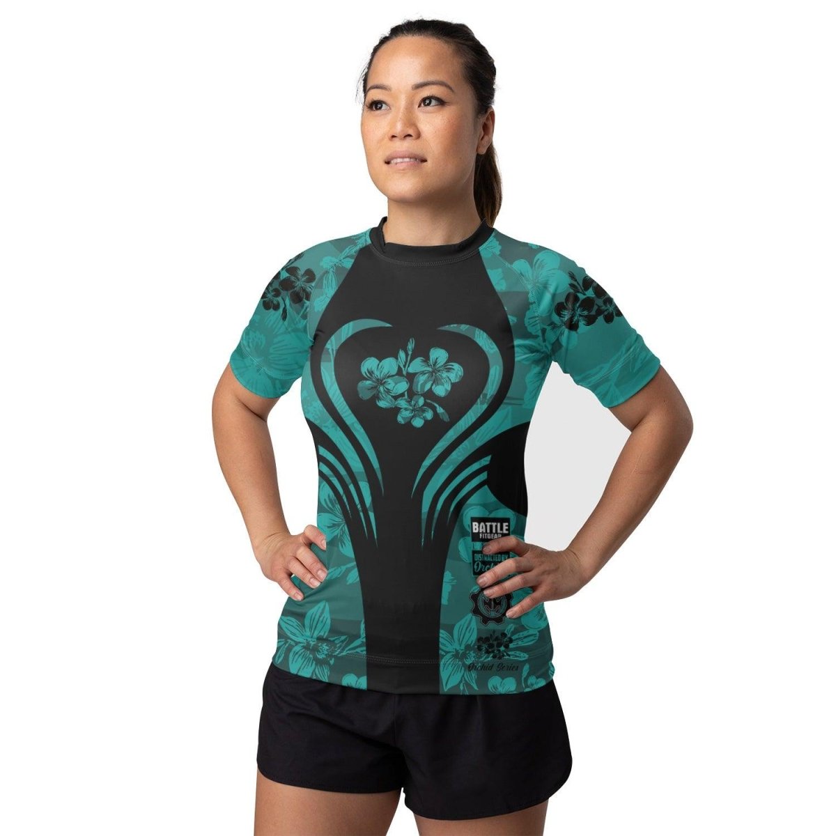 Orchid Series Viking Teal Heart Pattern Women's Short Sleeve Rash Guard - BattleFitGear