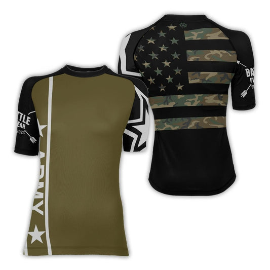 Army Camo Flag Women's Short Sleeve Rash Guard - BattleFitGear