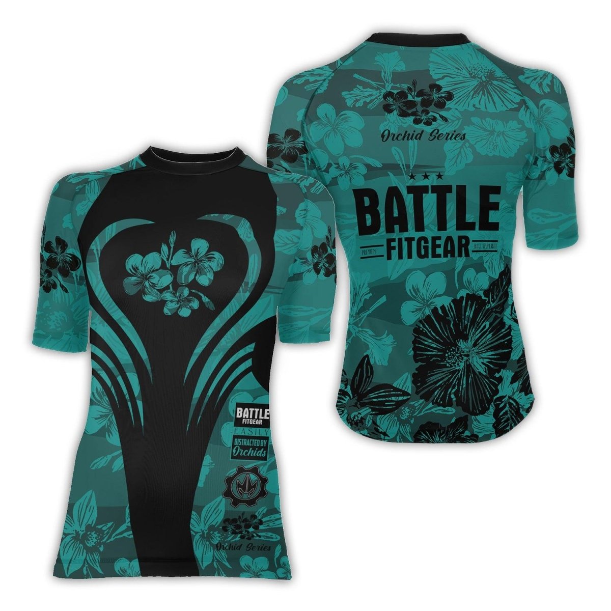 Orchid Series Viking Teal Heart Pattern Women's Short Sleeve Rash Guard - BattleFitGear