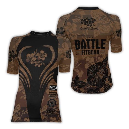 Orchid Series Floral Brown Heart Pattern Women's Short Sleeve Rash Guard - BattleFitGear