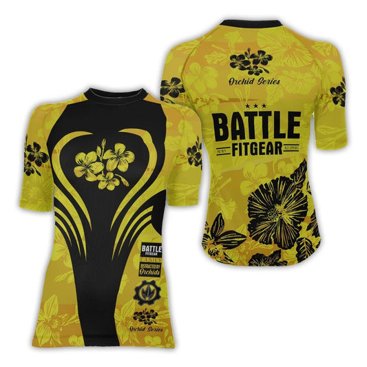 Orchid Series Floral Yellow Heart Pattern Women's Short Sleeve Rash Guard - BattleFitGear