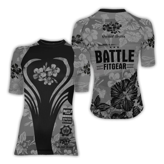 Orchid Series Floral Grey Heart Pattern Women's Short Sleeve Rash Guard - BattleFitGear