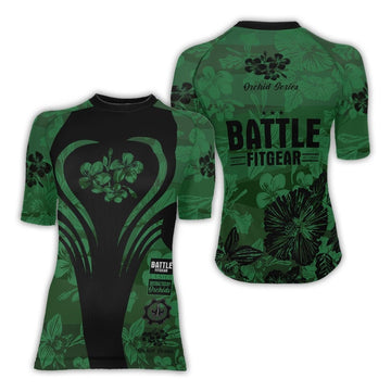 Orchid Series Floral Green Heart Pattern Women's Short Sleeve Rash Guard - BattleFitGear