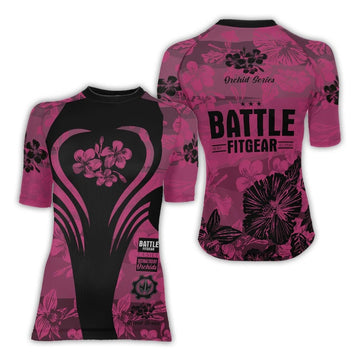 Orchid Series Floral Pink Heart Pattern Women's Short Sleeve Rash Guard - BattleFitGear