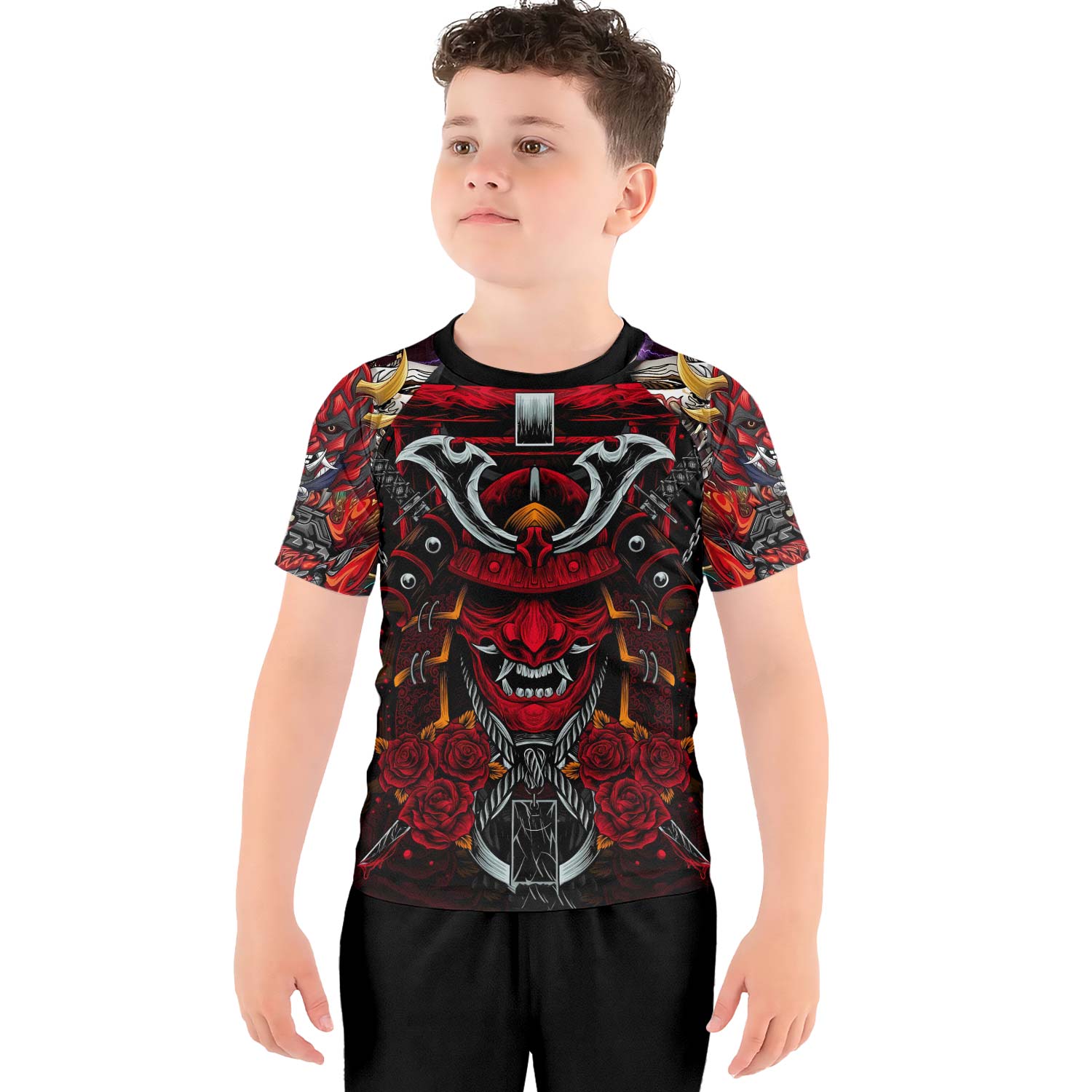 Japanese Red Demon Samurai Kids Rash Guard - BattleFitGear