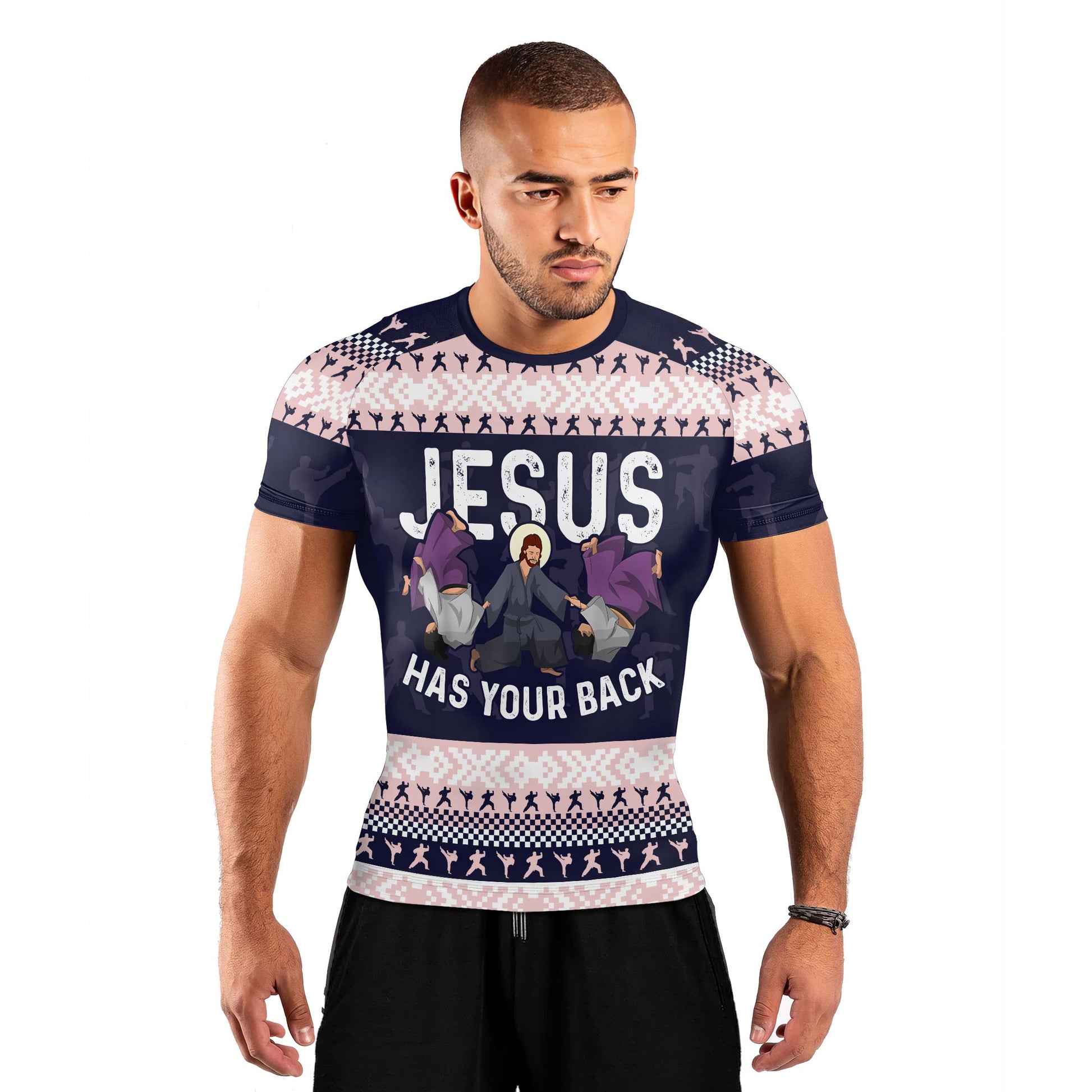 Jesus Has Your Back Men's Short Sleeve Rash Guard