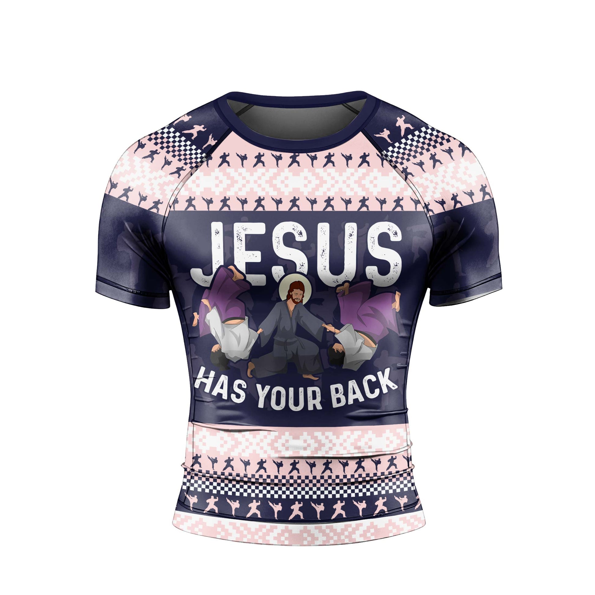Jesus Has Your Back Men's Short Sleeve Rash Guard