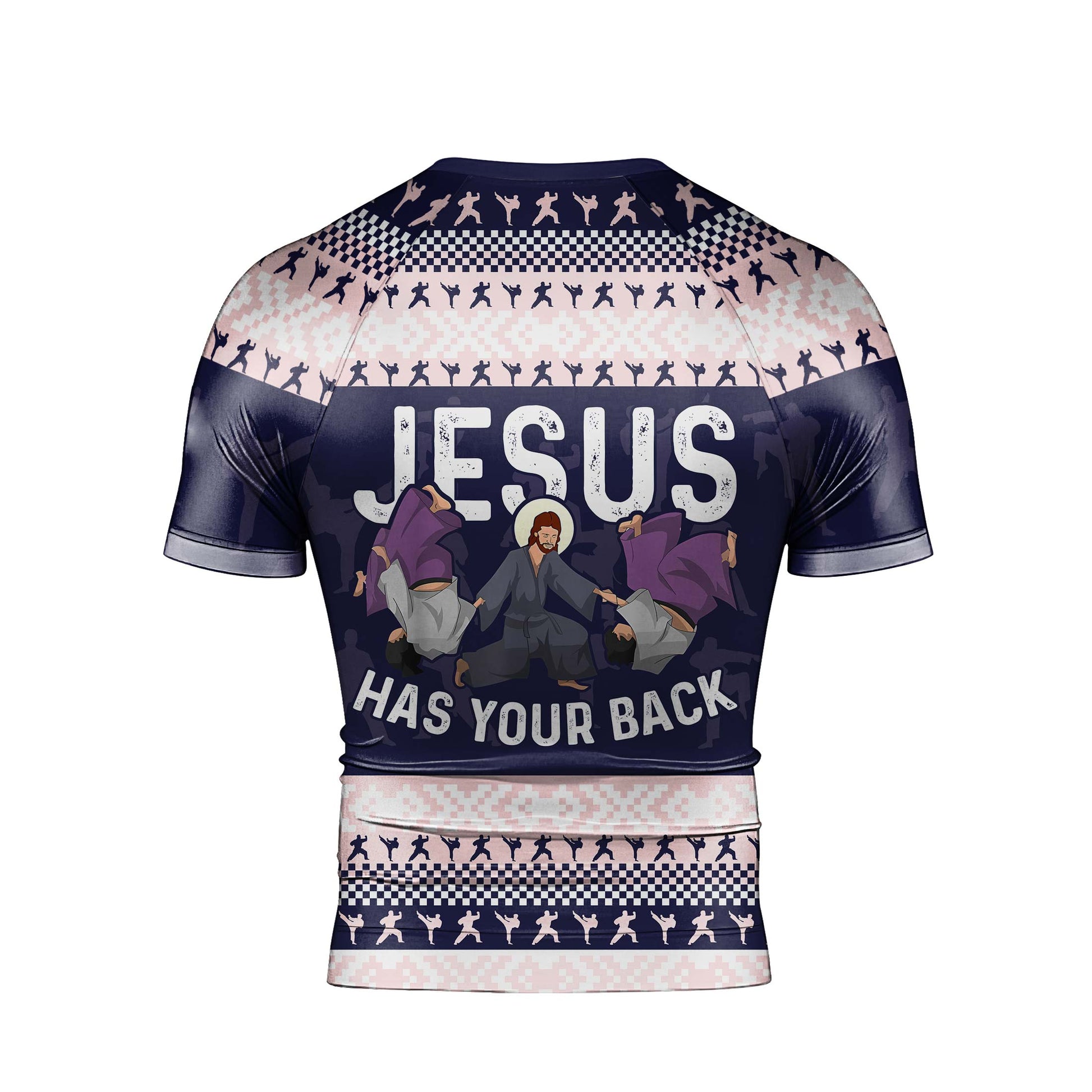 Jesus Has Your Back Men's Short Sleeve Rash Guard
