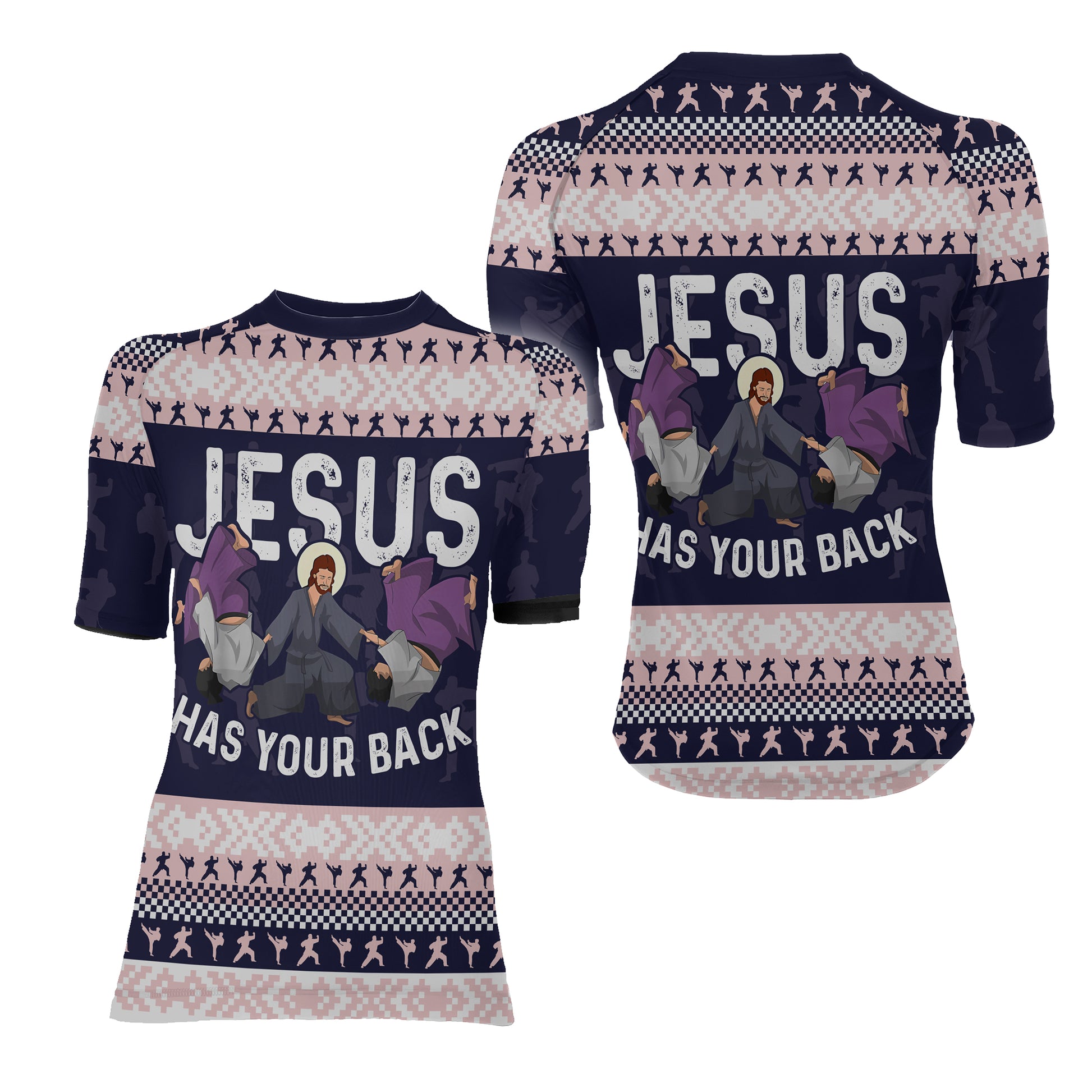 Jesus Has Your Back Women's Short Sleeve Rash Guard