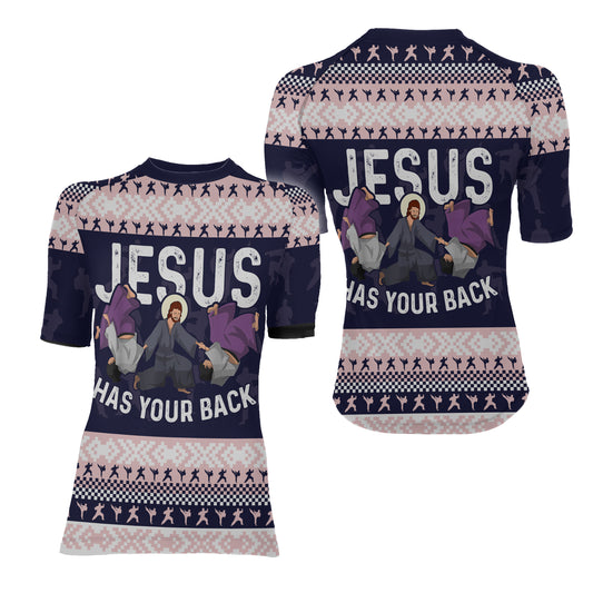 Jesus Has Your Back Women's Short Sleeve Rash Guard
