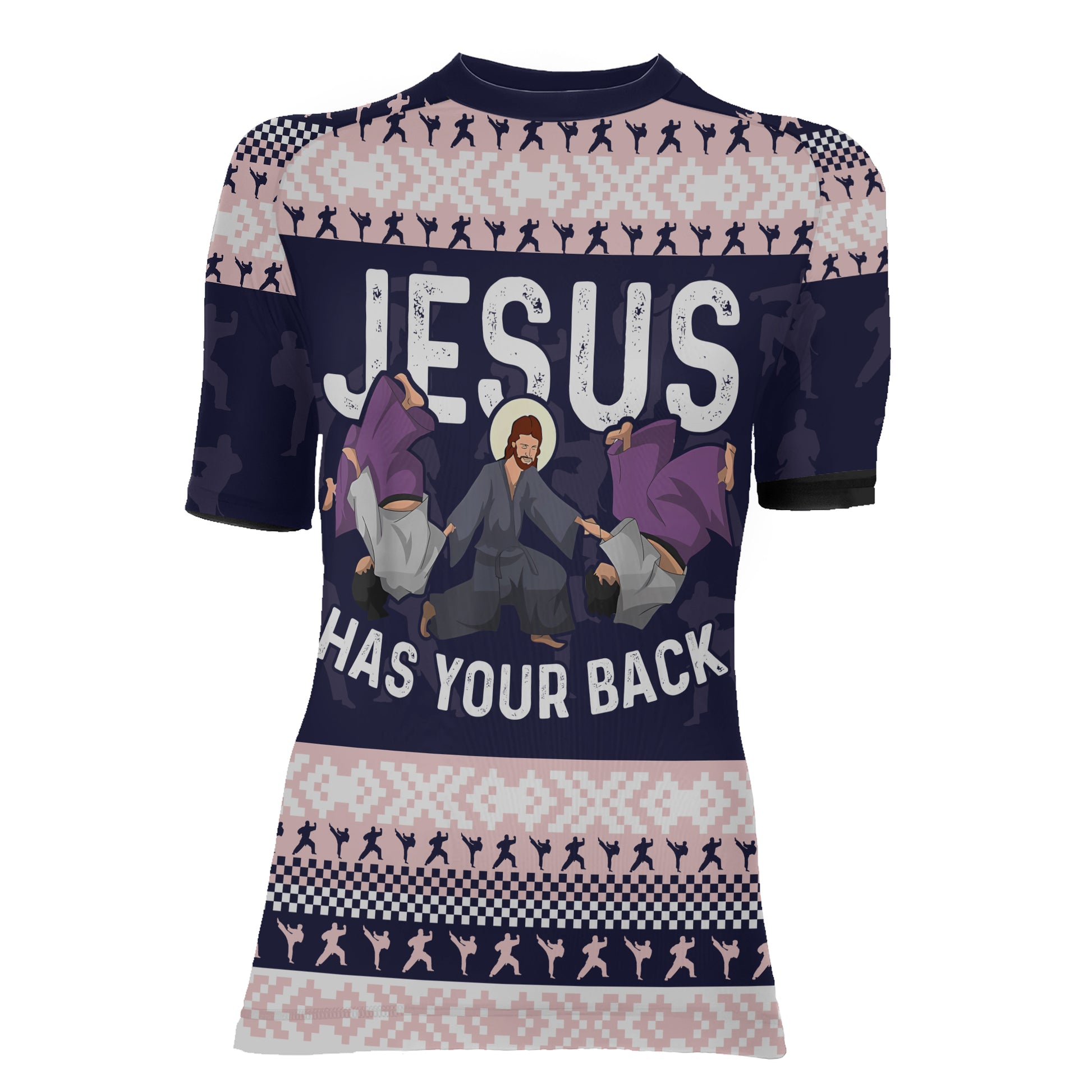 Jesus Has Your Back Women's Short Sleeve Rash Guard