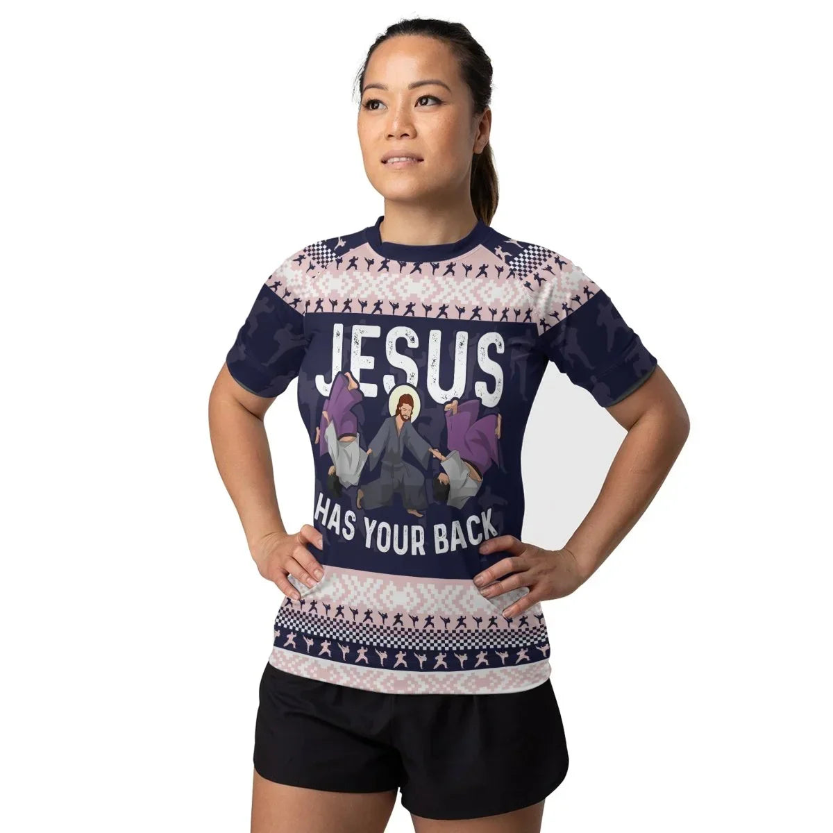 Jesus Has Your Back Women's Short Sleeve Rash Guard | Athletic Sportswear