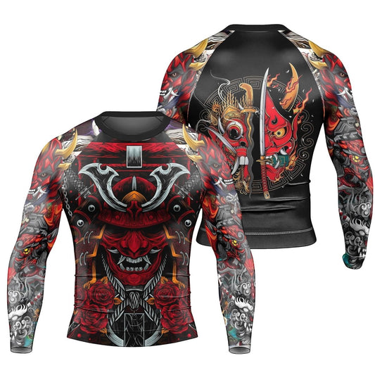 Japanese Red Demon Samurai Long Sleeve Rash Guard - BattleFitGear