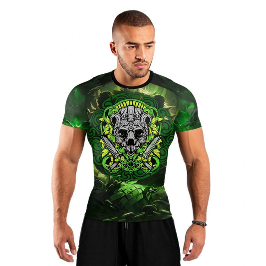 Green Panda Skull Short Sleeve Rash Guard - BattleFitGear