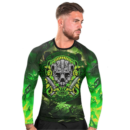 Green Panda Skull Long Sleeve Rash Guard - BattleFitGear