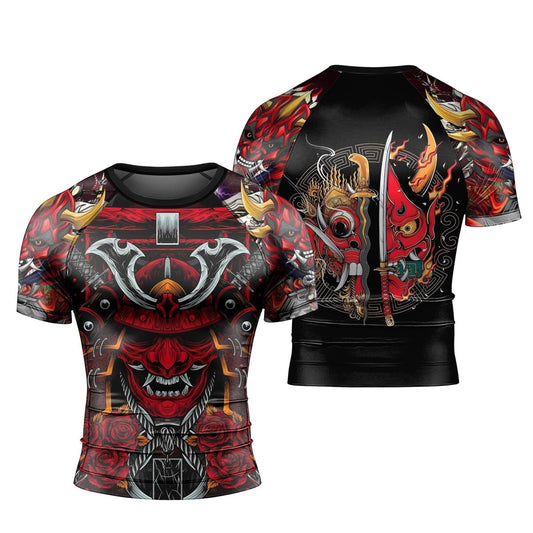 Japanese Red Demon Samurai Short Sleeve Rash Guard - BattleFitGear