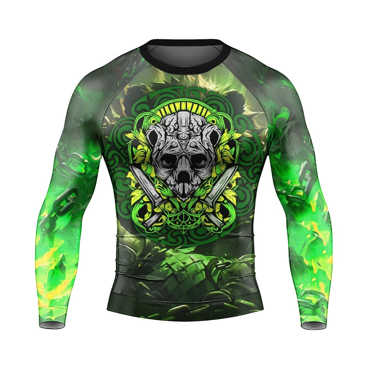 Green Panda Skull Long Sleeve Rash Guard - BattleFitGear