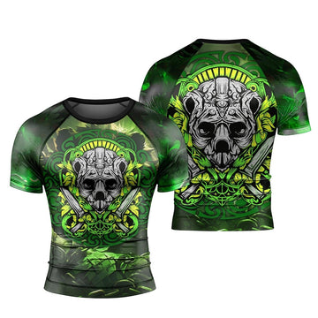 Green Panda Skull Short Sleeve Rash Guard - BattleFitGear