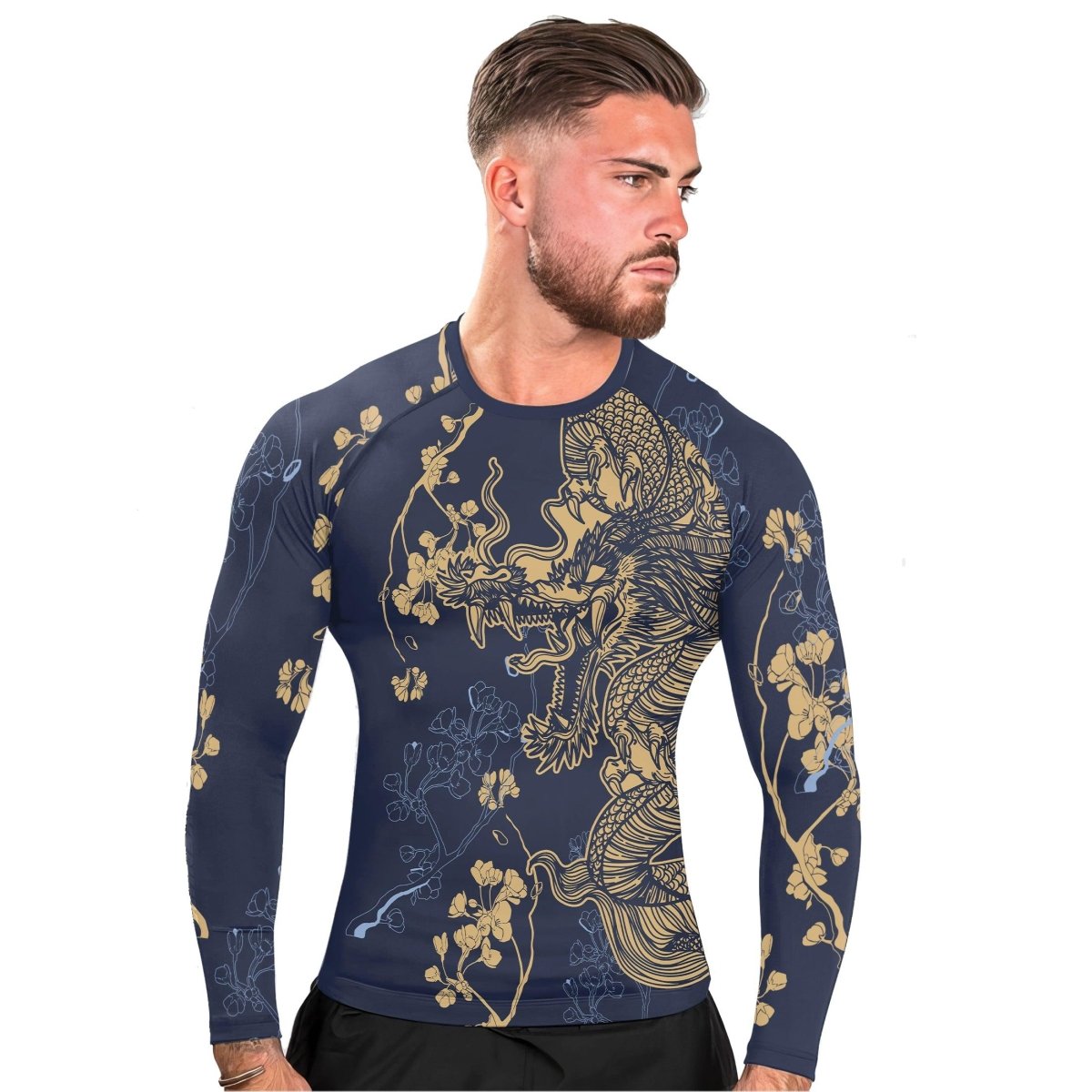 Flower Chinese Dragon Long Sleeve Rash Guard - BattleFitGear