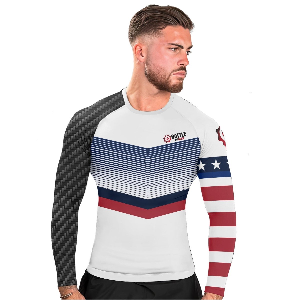 American Flag White Long Sleeve Rash Guard - BattleFitGear