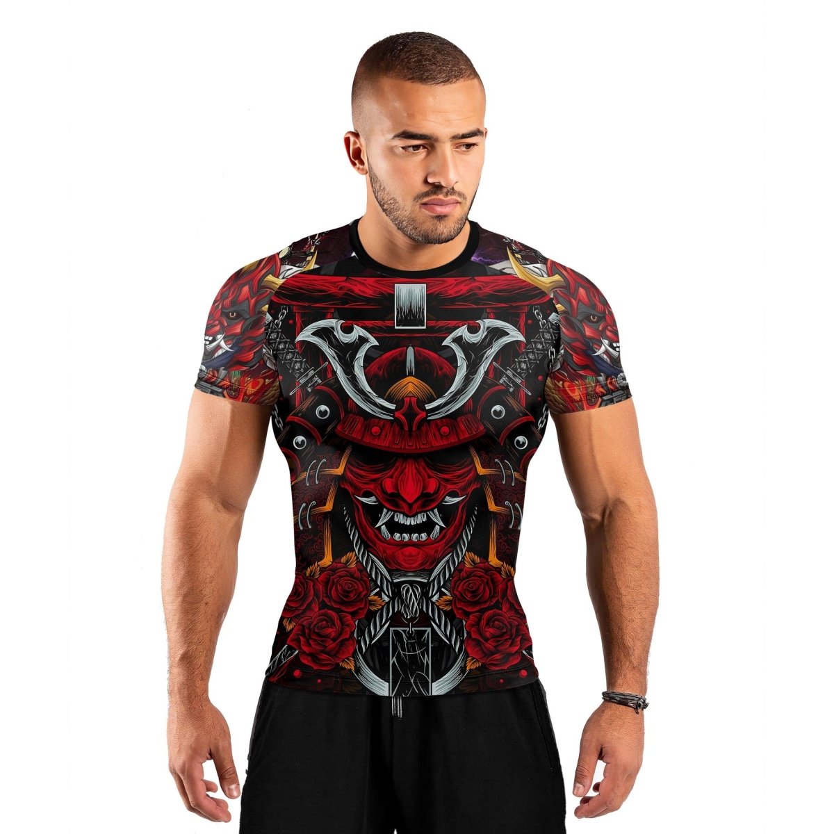 Japanese Red Demon Samurai Short Sleeve Rash Guard - BattleFitGear