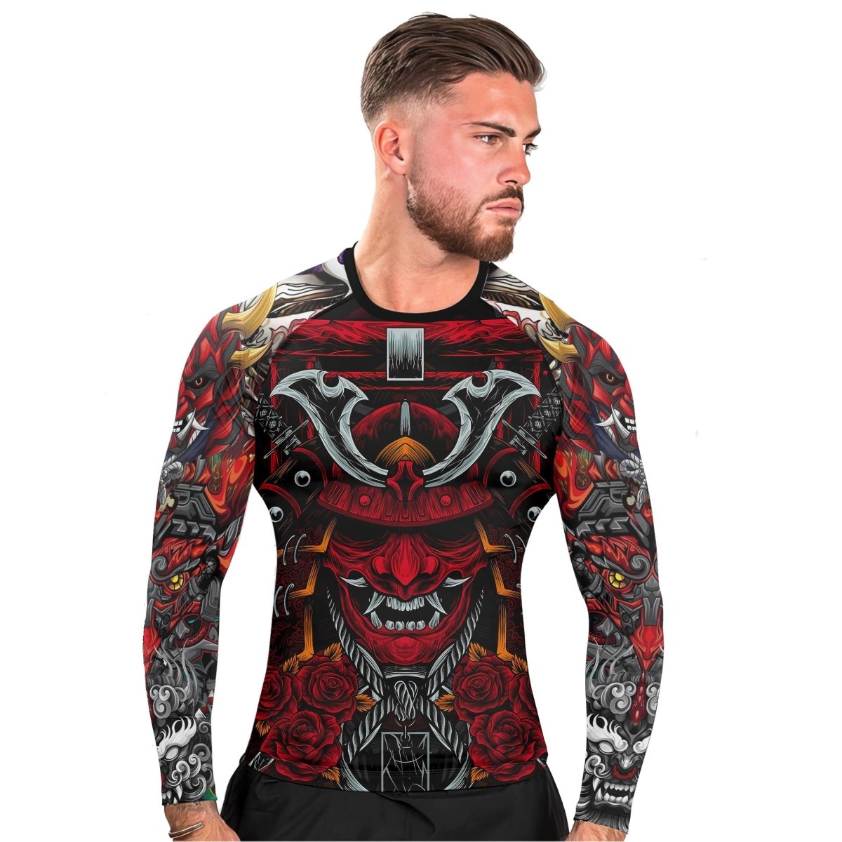 Japanese Red Demon Samurai Long Sleeve Rash Guard - BattleFitGear