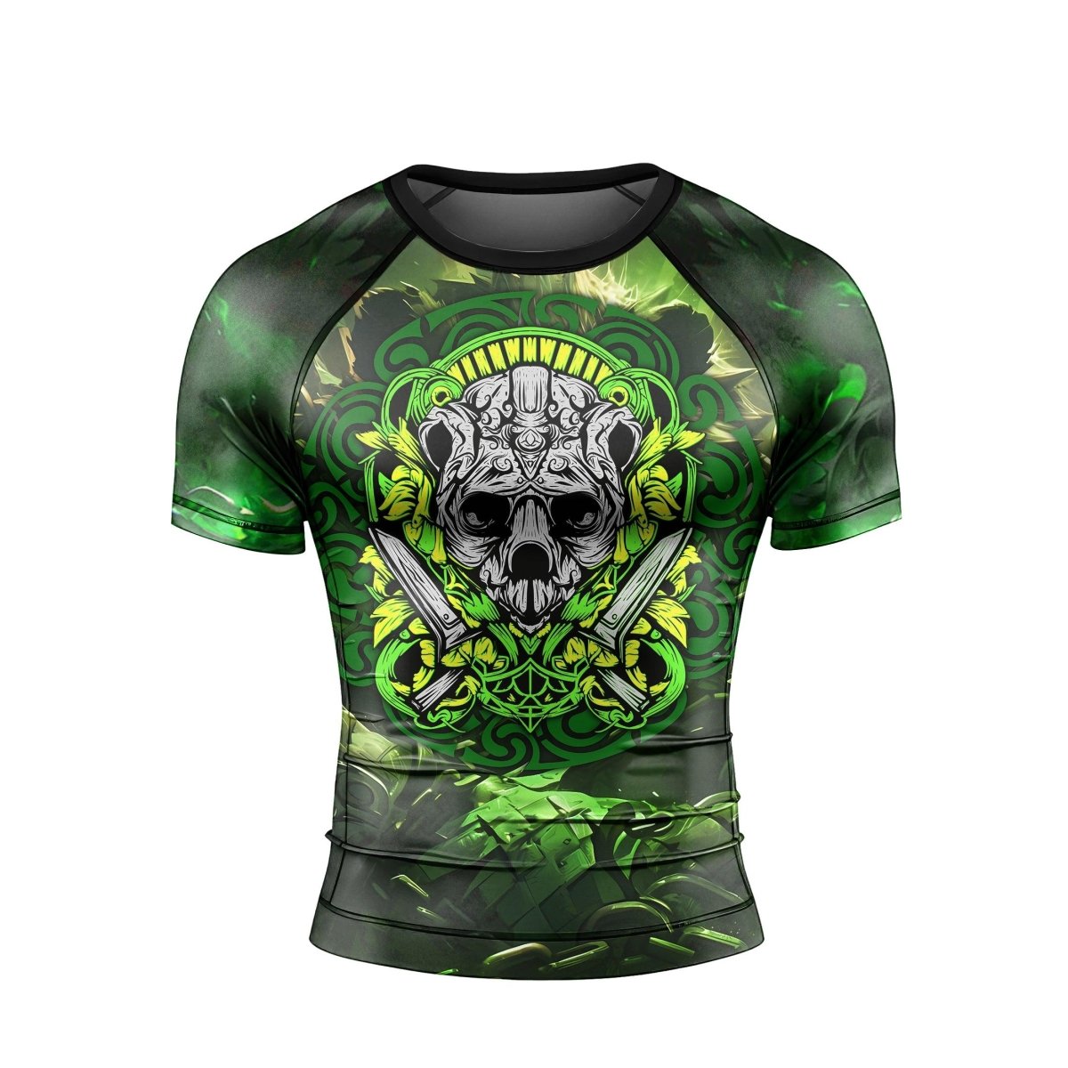 Green Panda Skull Short Sleeve Rash Guard - BattleFitGear