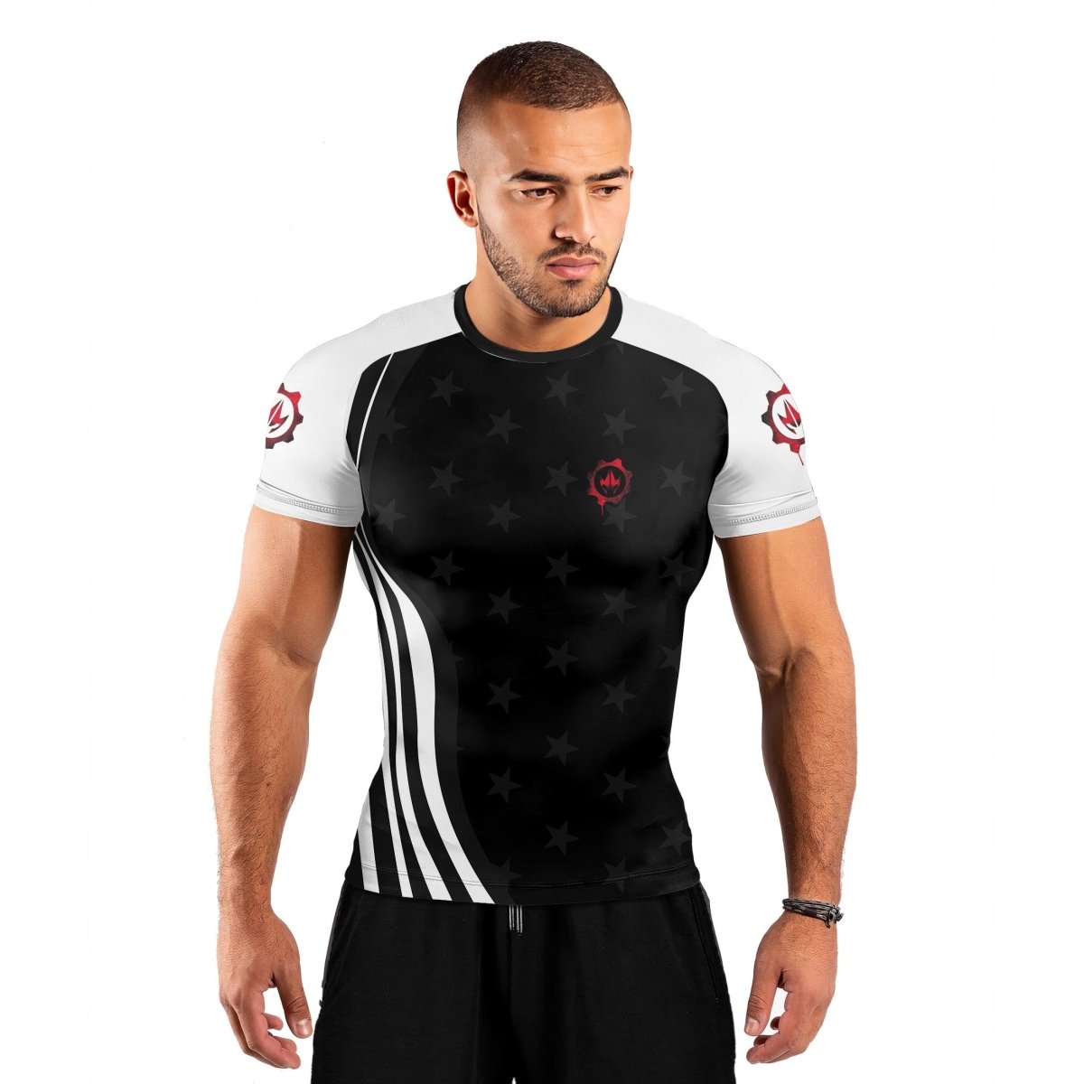 Personalized American Flag Black Short Sleeve Rash Guard - BattleFitGear