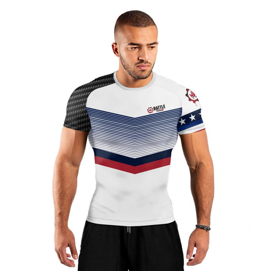 American Flag White Short Sleeve Rash Guard - BattleFitGear