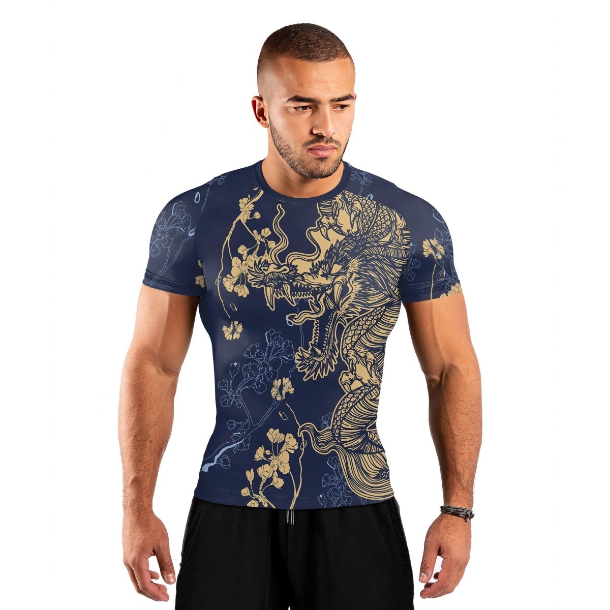 Flower Chinese Dragon Short Sleeve Rash Guard - BattleFitGear