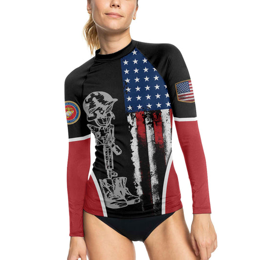 Marine US Flag Women's Long Sleeve Rash Guard