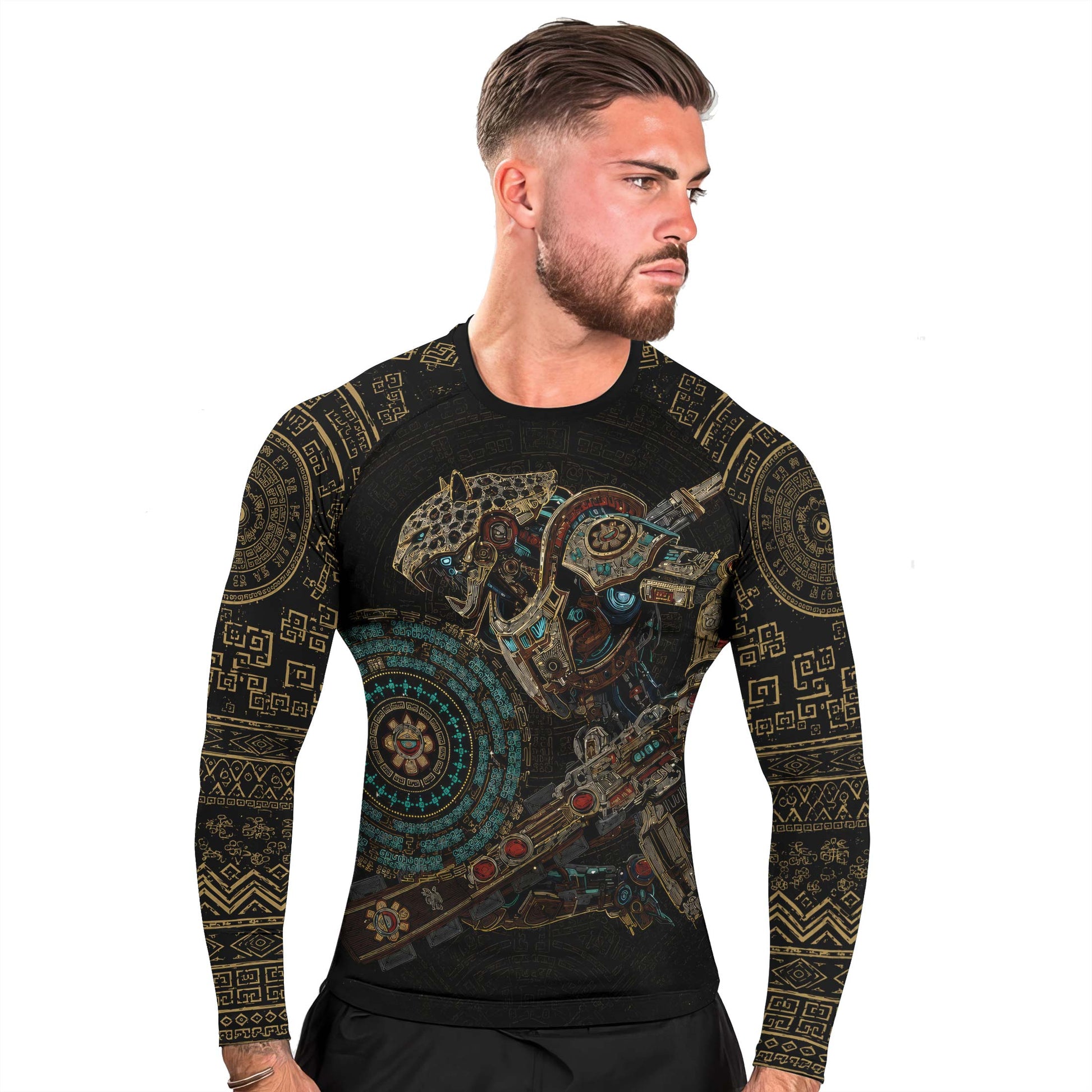 Mechanic Aztec Jaguar Warrior Men's Long Sleeve Rash Guard