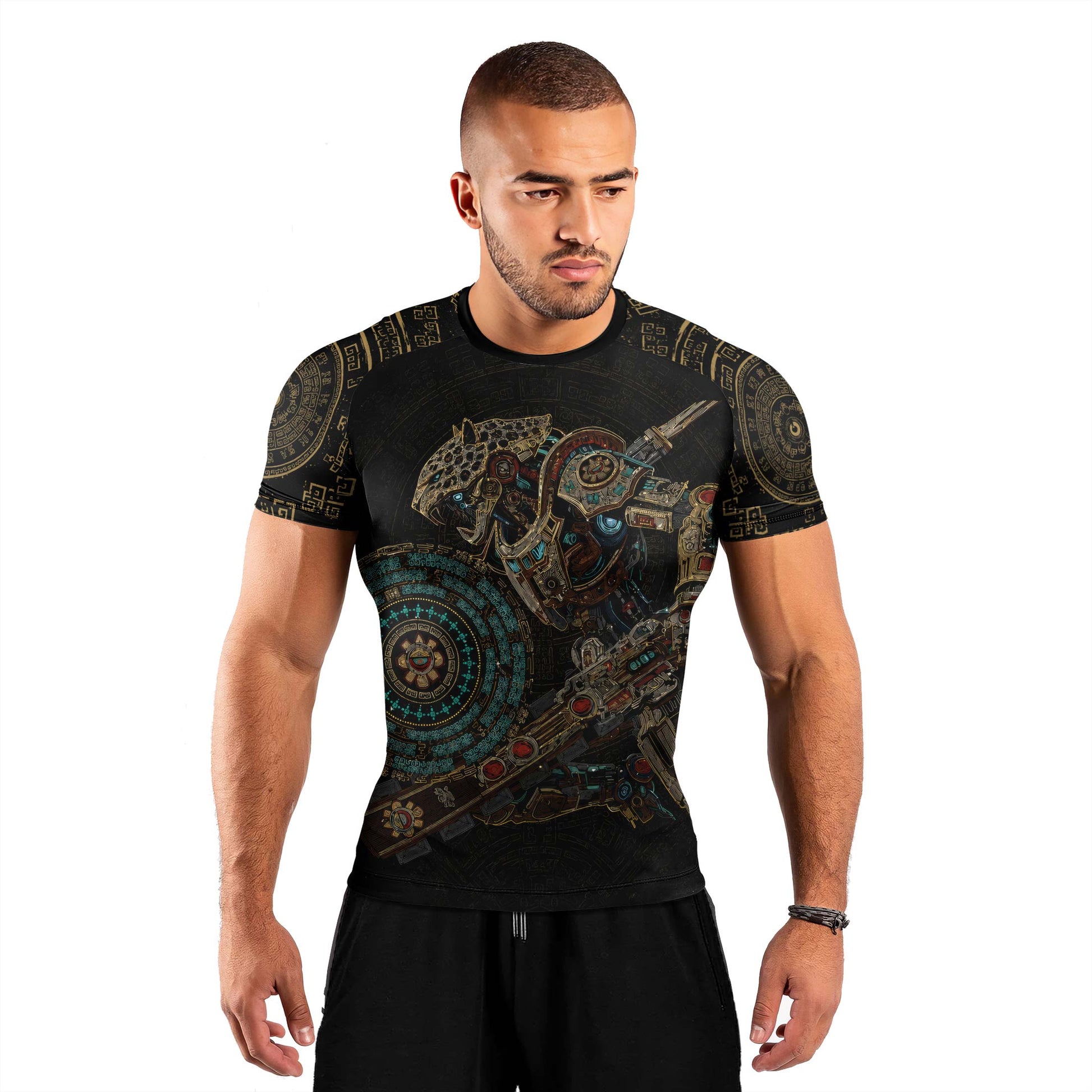 Mechanic Aztec Jaguar Warrior Men's Short Sleeve Rash Guard