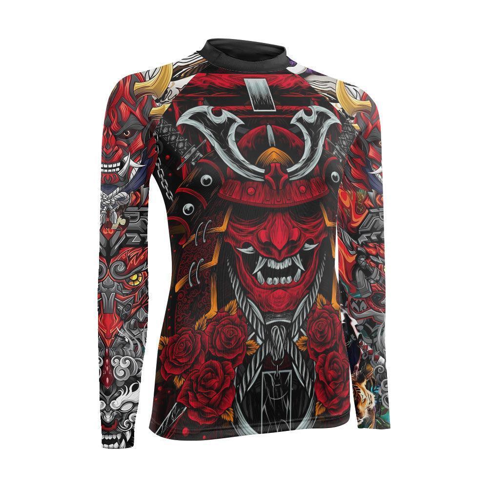 Japanese Red Demon Samurai Women's Long Sleeve Rash Guard
