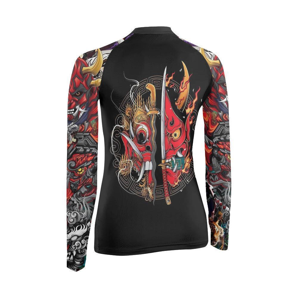Japanese Red Demon Samurai Women's Long Sleeve Rash Guard