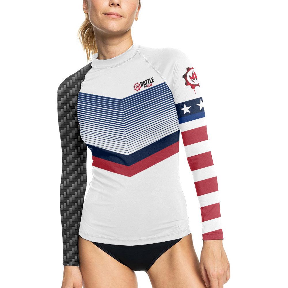 American Flag White Women's Long Sleeve Rash Guard