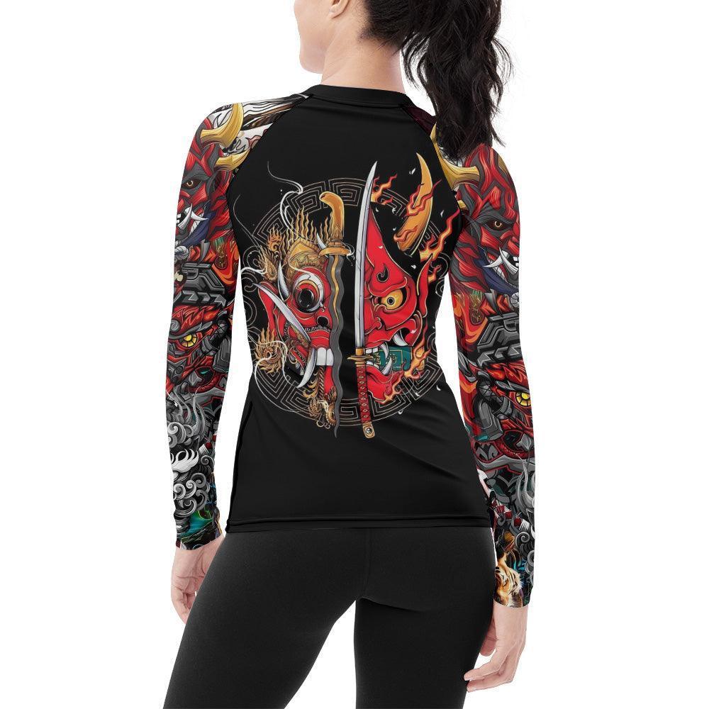 Japanese Red Demon Samurai Women's Long Sleeve Rash Guard