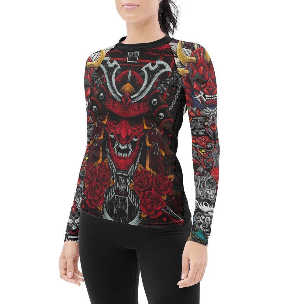 Japanese Red Demon Samurai Women's Long Sleeve Rash Guard