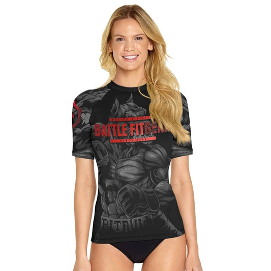 Red Rage Pitbull Boxing Women's Short Sleeve Rash Guard - BattleFitGear