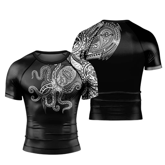 Octopus Tribal Tattoo Men's Short Sleeve Rash Guard - BattleFitGear