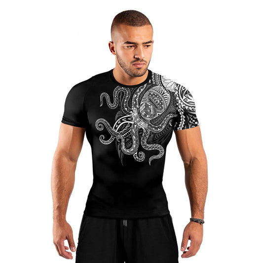 Octopus Tribal Tattoo Men's Short Sleeve Rash Guard - BattleFitGear