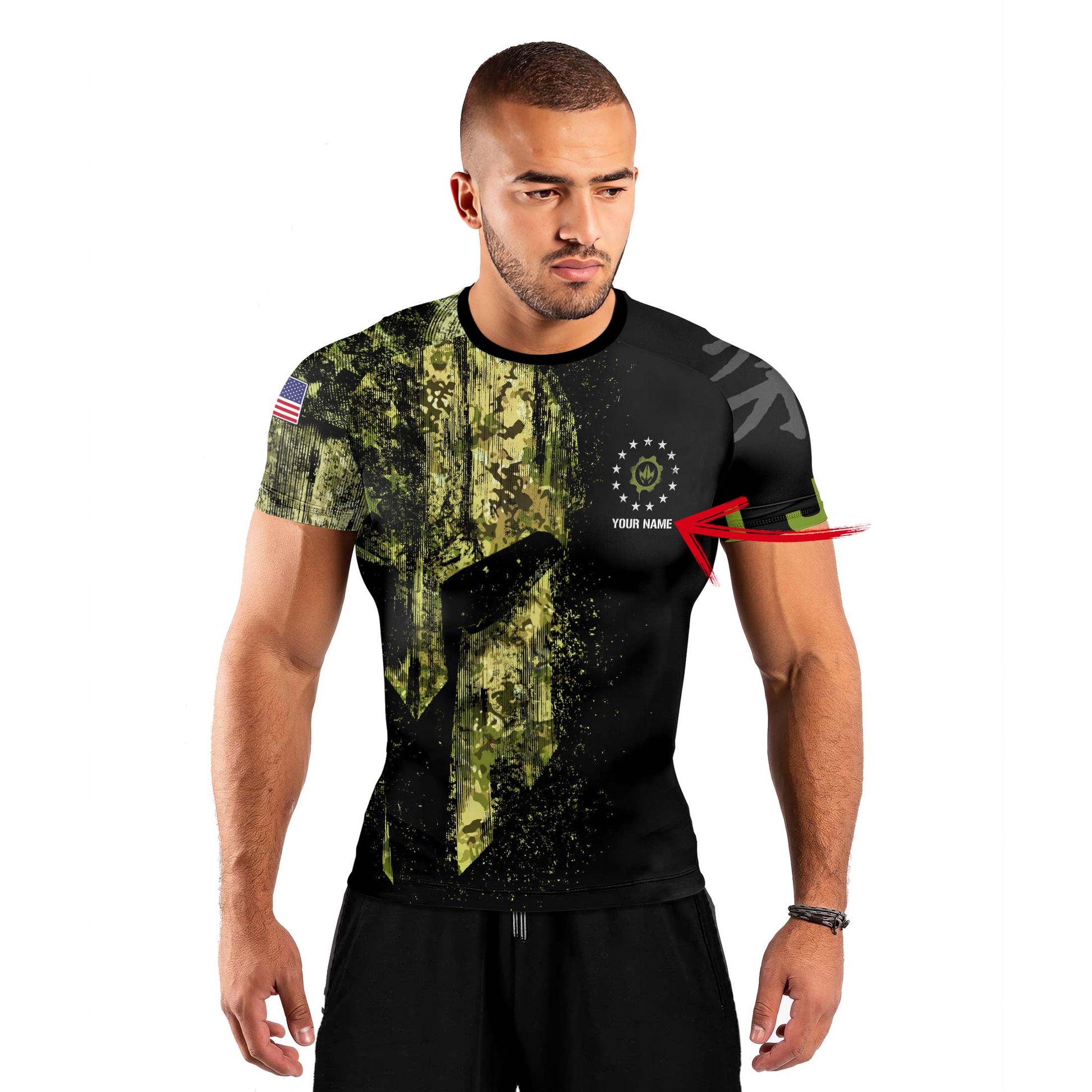 Personalized American Jiu Jitsu Grunge Men's Short Sleeve Rash Guard