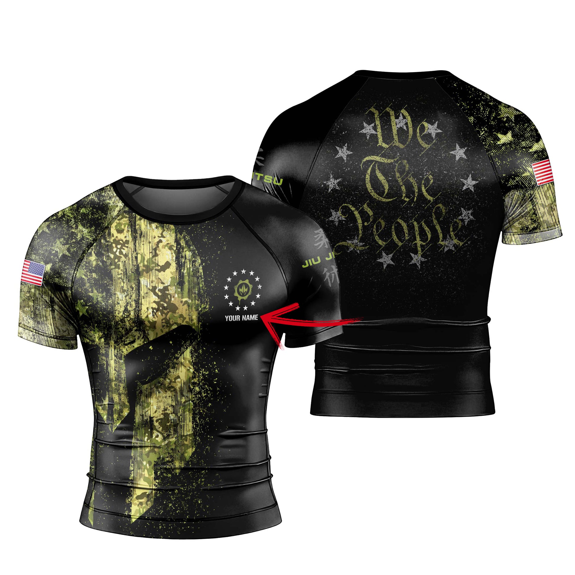 Personalized American Jiu Jitsu Grunge Men's Short Sleeve Rash Guard