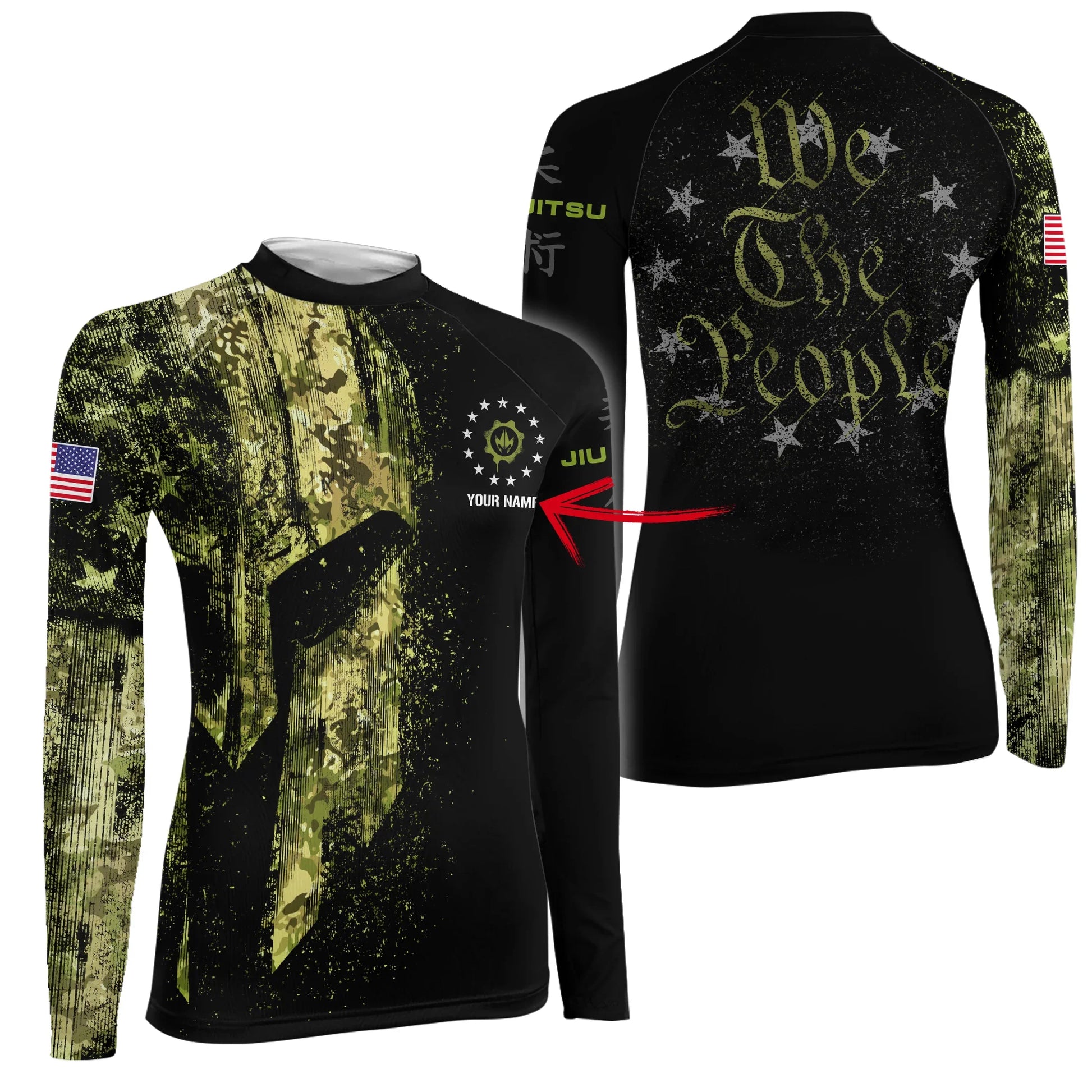 Personalized American Jiu Jitsu Grunge Women's Long Sleeve Rash Guard
