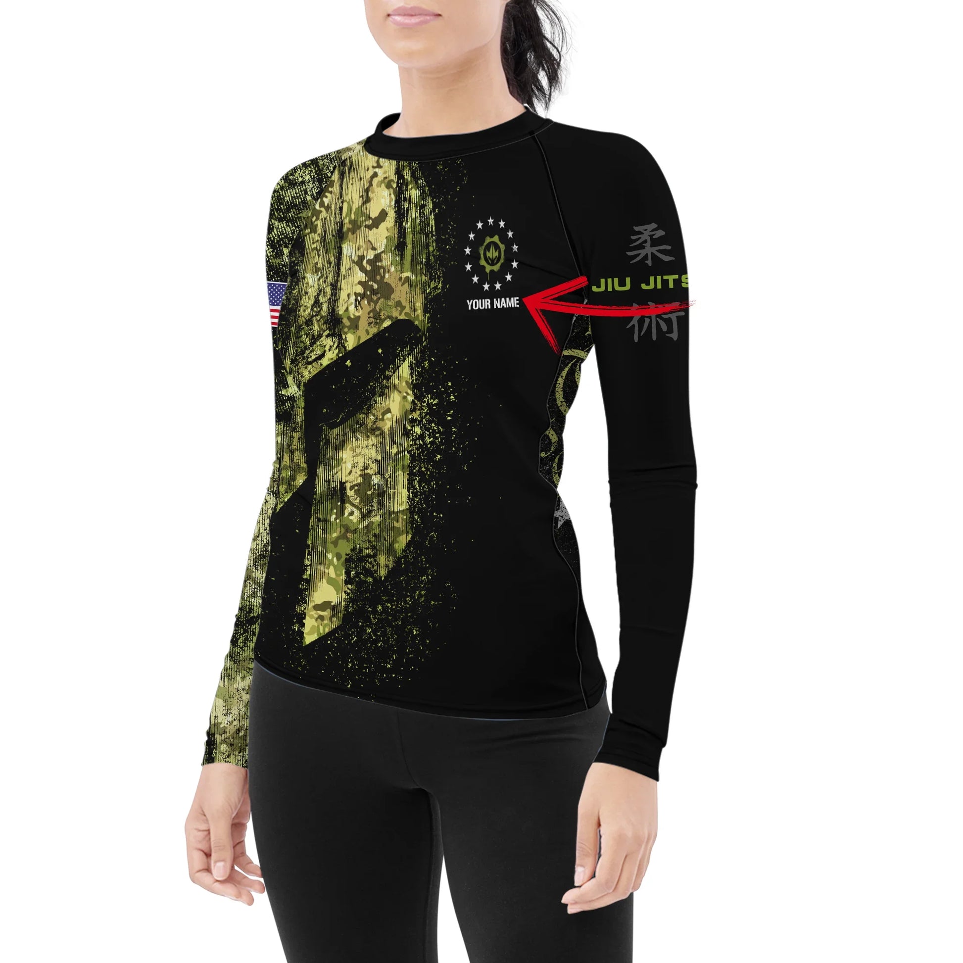 Personalized American Jiu Jitsu Grunge Women's Long Sleeve Rash Guard