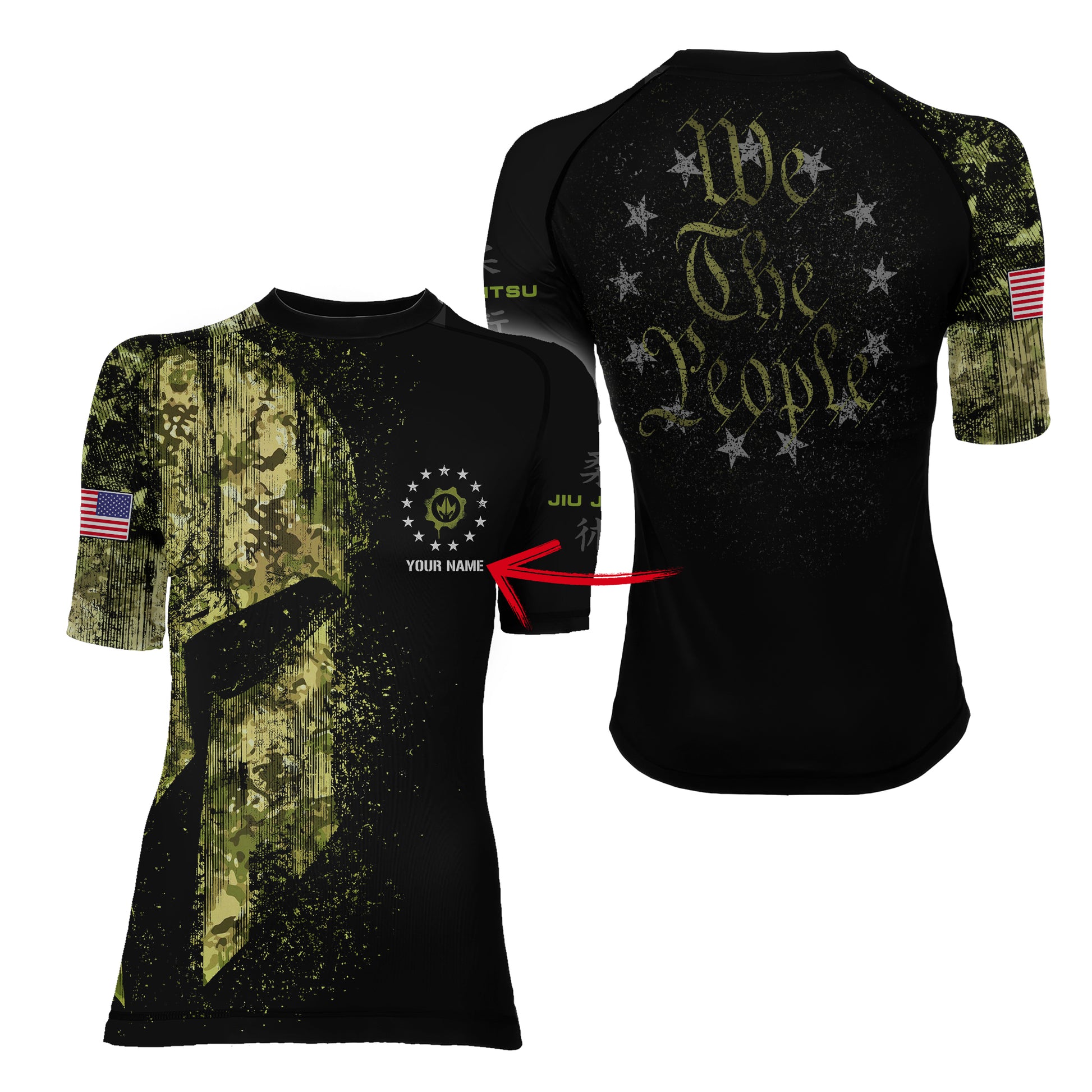 Personalized American Jiu Jitsu Grunge Women's Short Sleeve Rash Guard