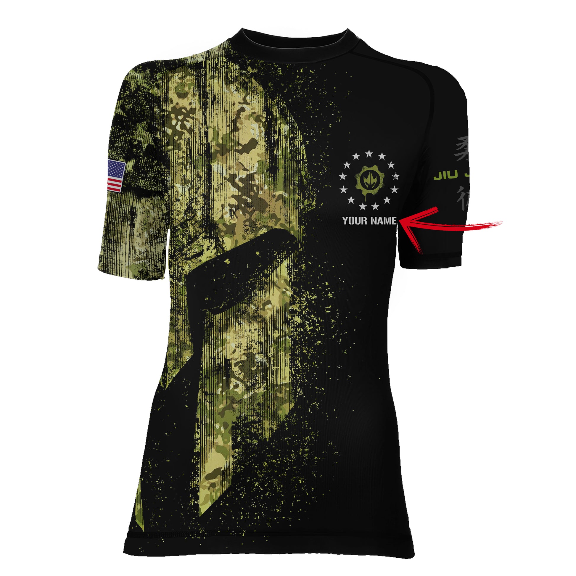 Personalized American Jiu Jitsu Grunge Women's Short Sleeve Rash Guard