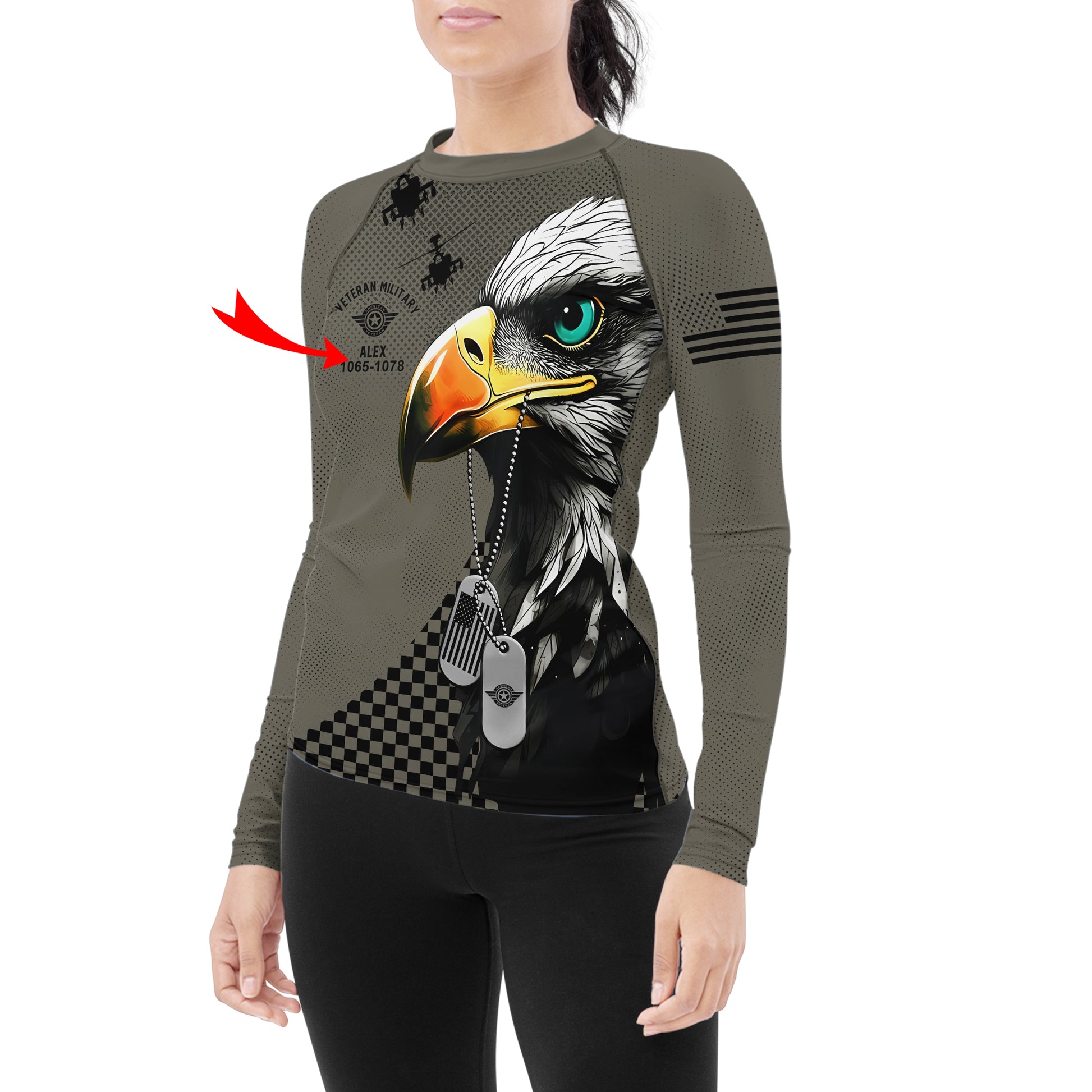 Personalized American Veteran Military Women's Long Sleeve Rash Guard