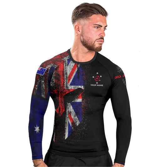 Personalized Australia Jiu Jitsu Grunge Men's Long Sleeve Rash Guard