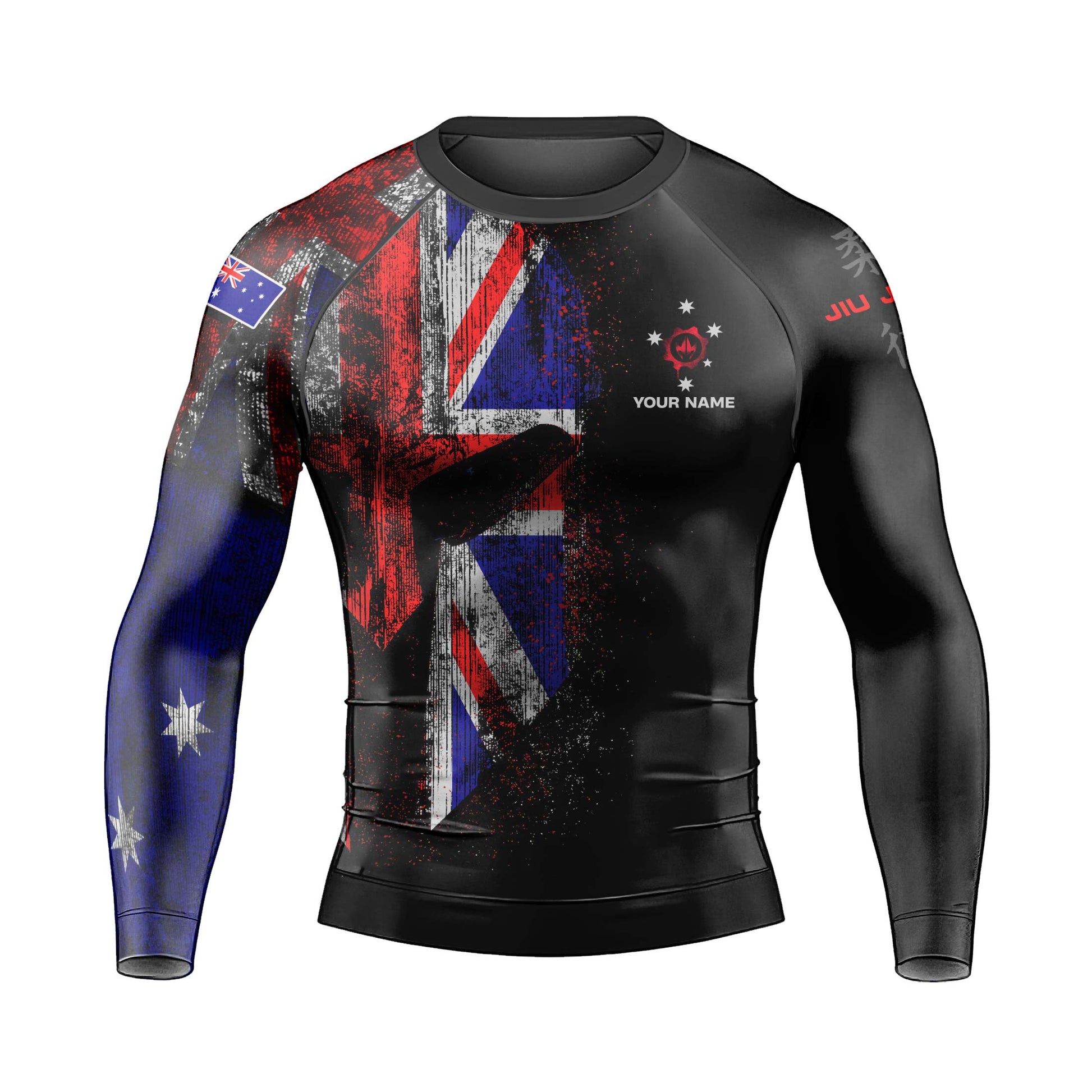 Personalized Australia Jiu Jitsu Grunge Men's Long Sleeve Rash Guard